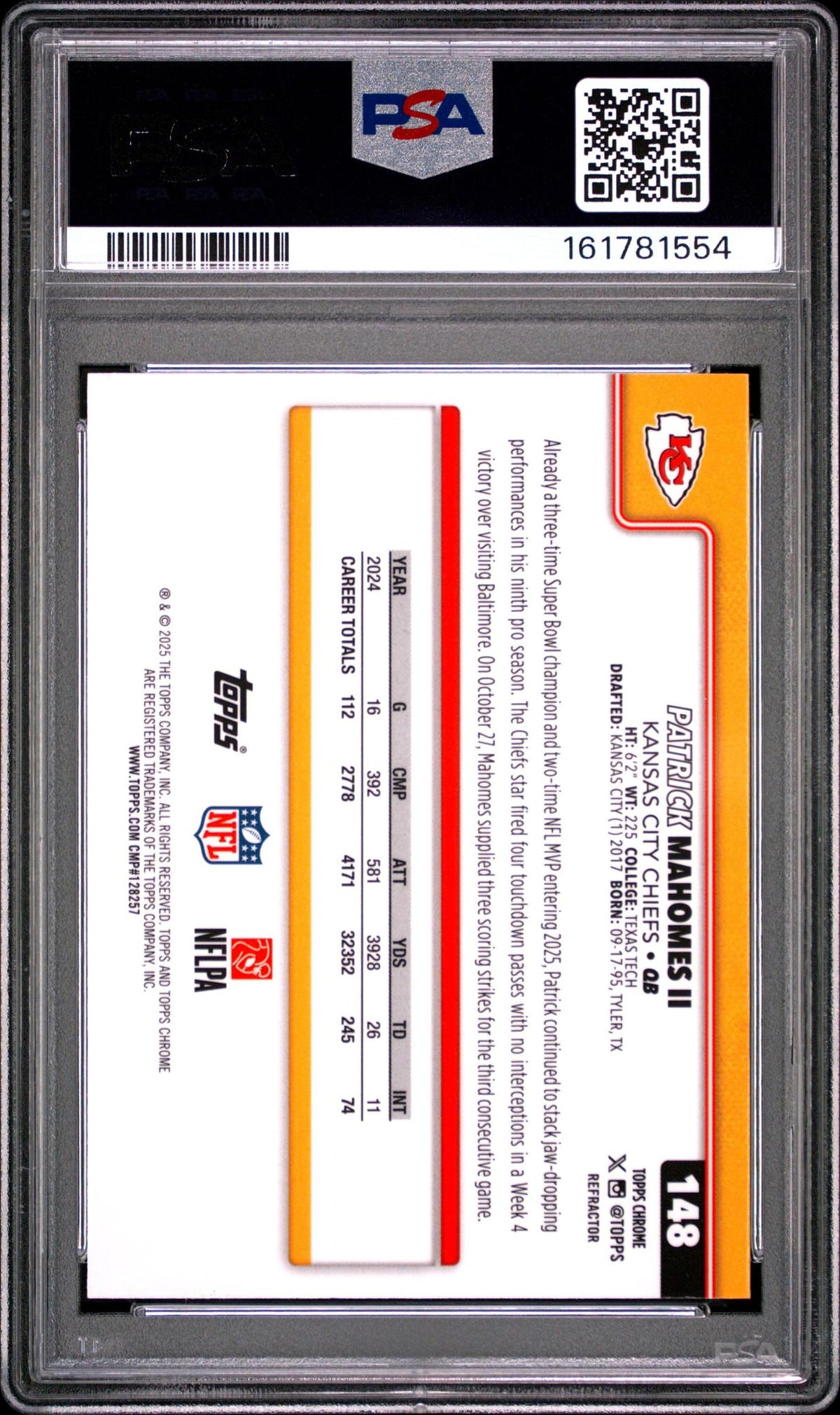 2025 TOPPS CHROME #148 PATRICK MAHOMES II REFRACTOR PSA 10