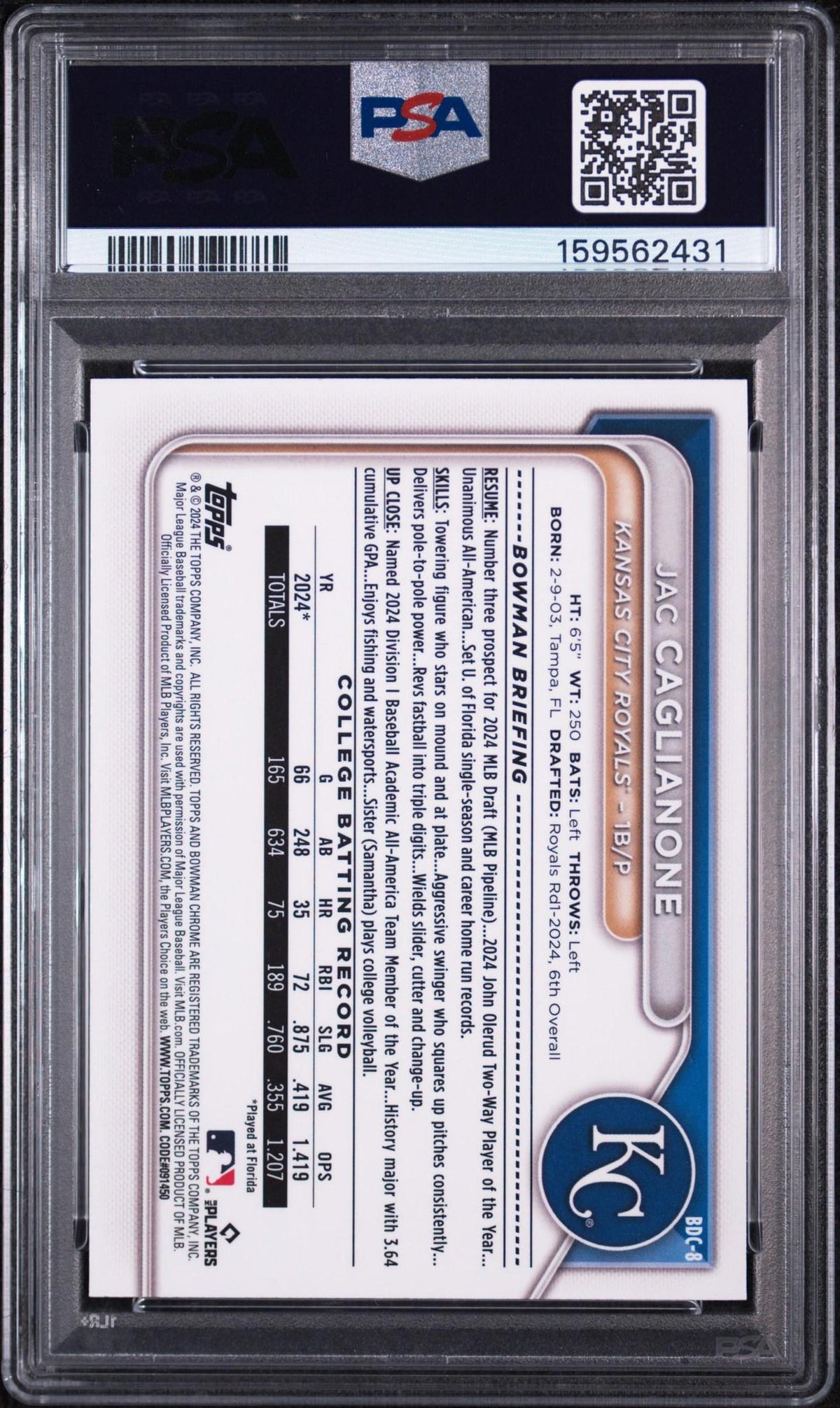 2024 BOWMAN DRAFT BDC8 JAC CAGLIANONE CHROME PSA 10