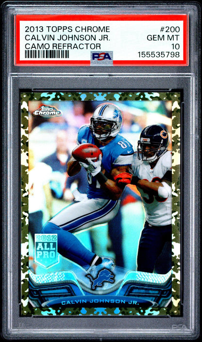 2013 TOPPS CHROME 200 CALVIN JOHNSON JR. CAMO REFRACTOR PSA 10