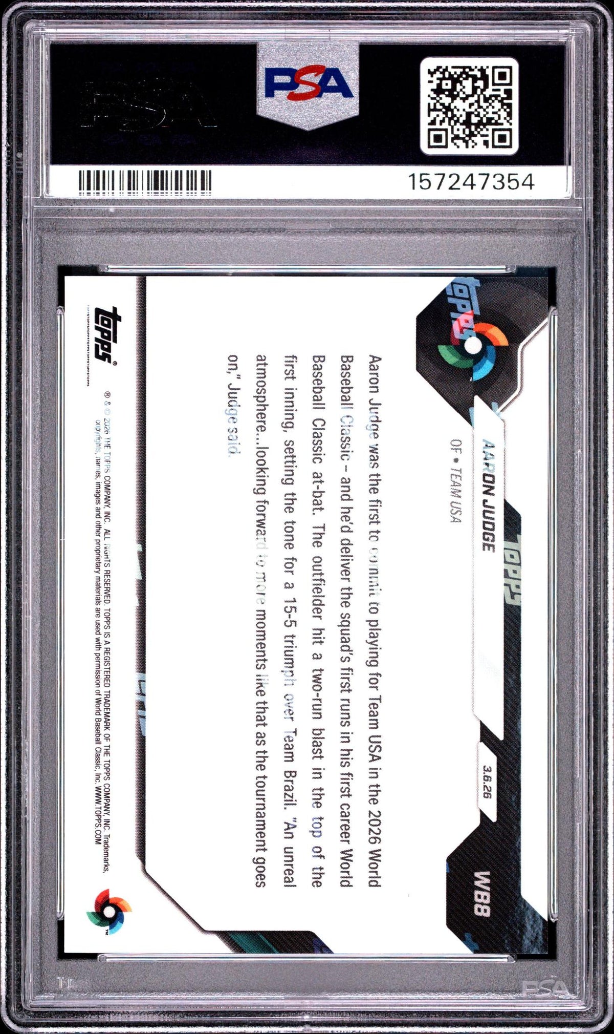 2026 TOPPS NOW WORLD BASEBALL CLASSIC WB8 AARON JUDGE PSA 10