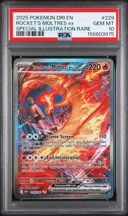 2025 POKEMON DRI EN-DESTINED RIVALS 229 TEAM ROCKET'S MOLTRES EX SPECIAL ILLUSTRATION RARE PSA 10