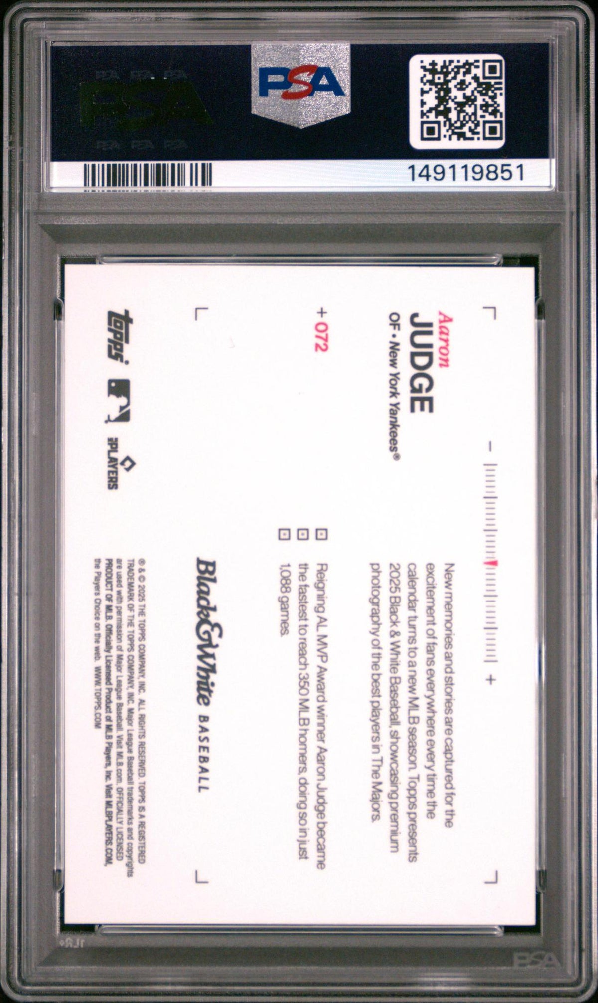 2025 Topps Black & Yellow Aaron Judge #72 Yellow /75 PSA 10
