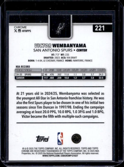2025-26 Topps Chrome #221 Victor Wembanyama Teal Refractor #/299