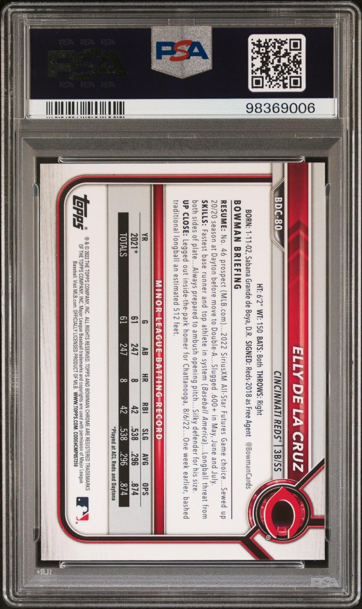 2022 Bowman Draft #BDC-80 Elly De La Cruz Chrome Black & White RayWave Refractor PSA 10