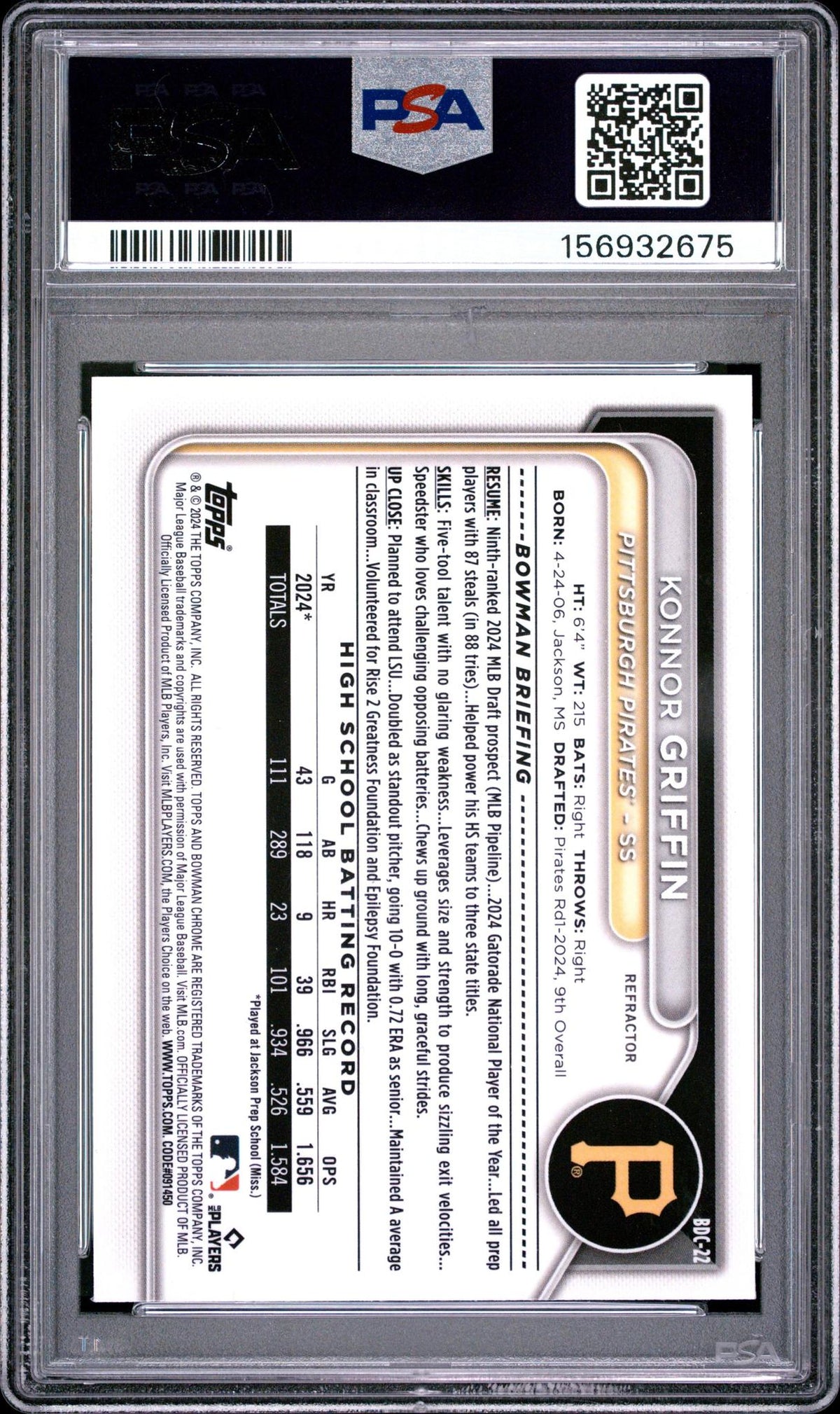 2024 BOWMAN DRAFT #BDC22 KONNOR GRIFFIN CHROME REFRACTOR PSA 10