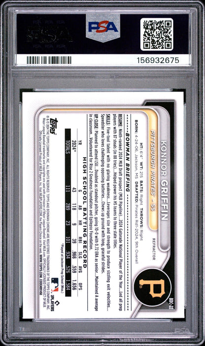 2024 BOWMAN DRAFT #BDC22 KONNOR GRIFFIN CHROME REFRACTOR PSA 10