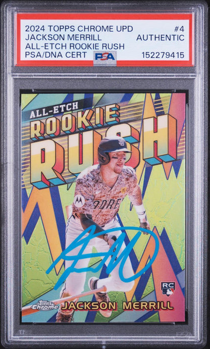 2024 Topps Chrome Update Chrome All-Etch Rookie Rush Jackson Merrill PSA Authentic Auto