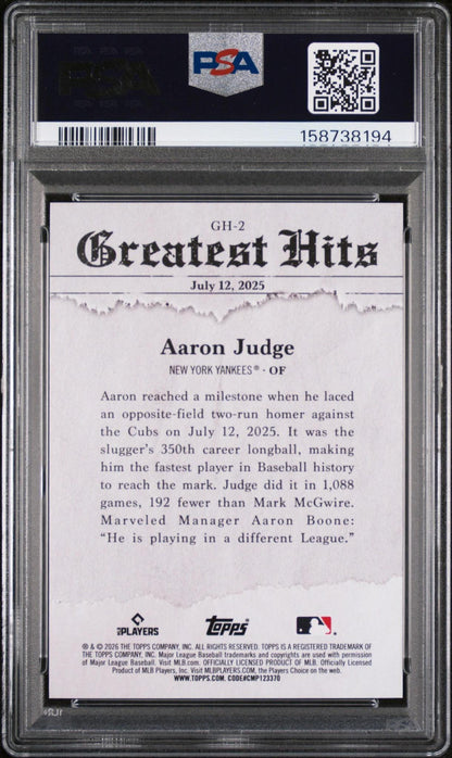2026 TOPPS 2025 GREATEST HITS 2 AARON JUDGE GOLD FOIL PSA 10