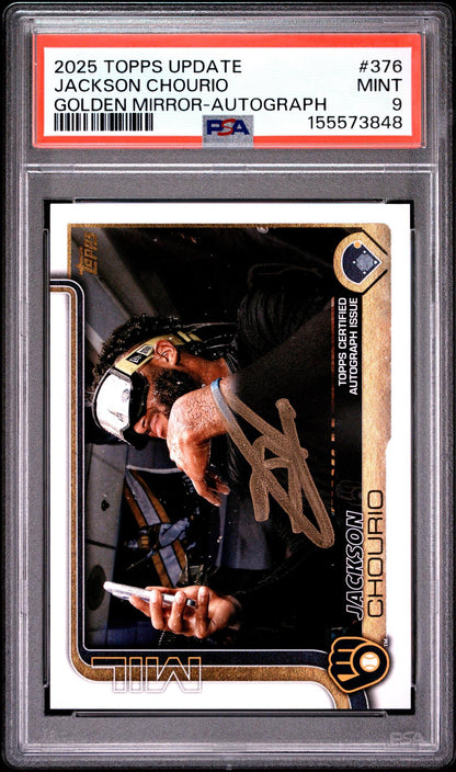 2025 Topps Update #376 Jackson Chourio Golden Mirror-Autograph PSA 9