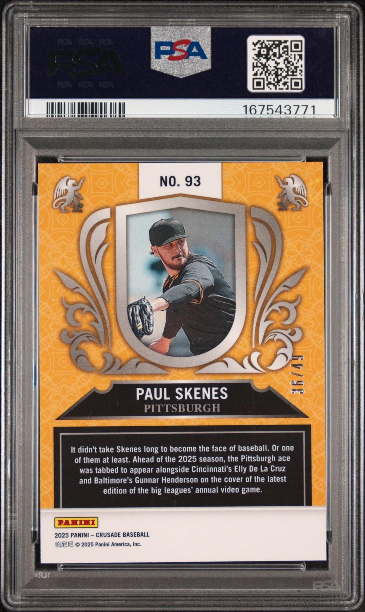 2025 PANINI CRUSADE CRUSADE INSERTS 93 PAUL SKENES ORANGE PSA 10