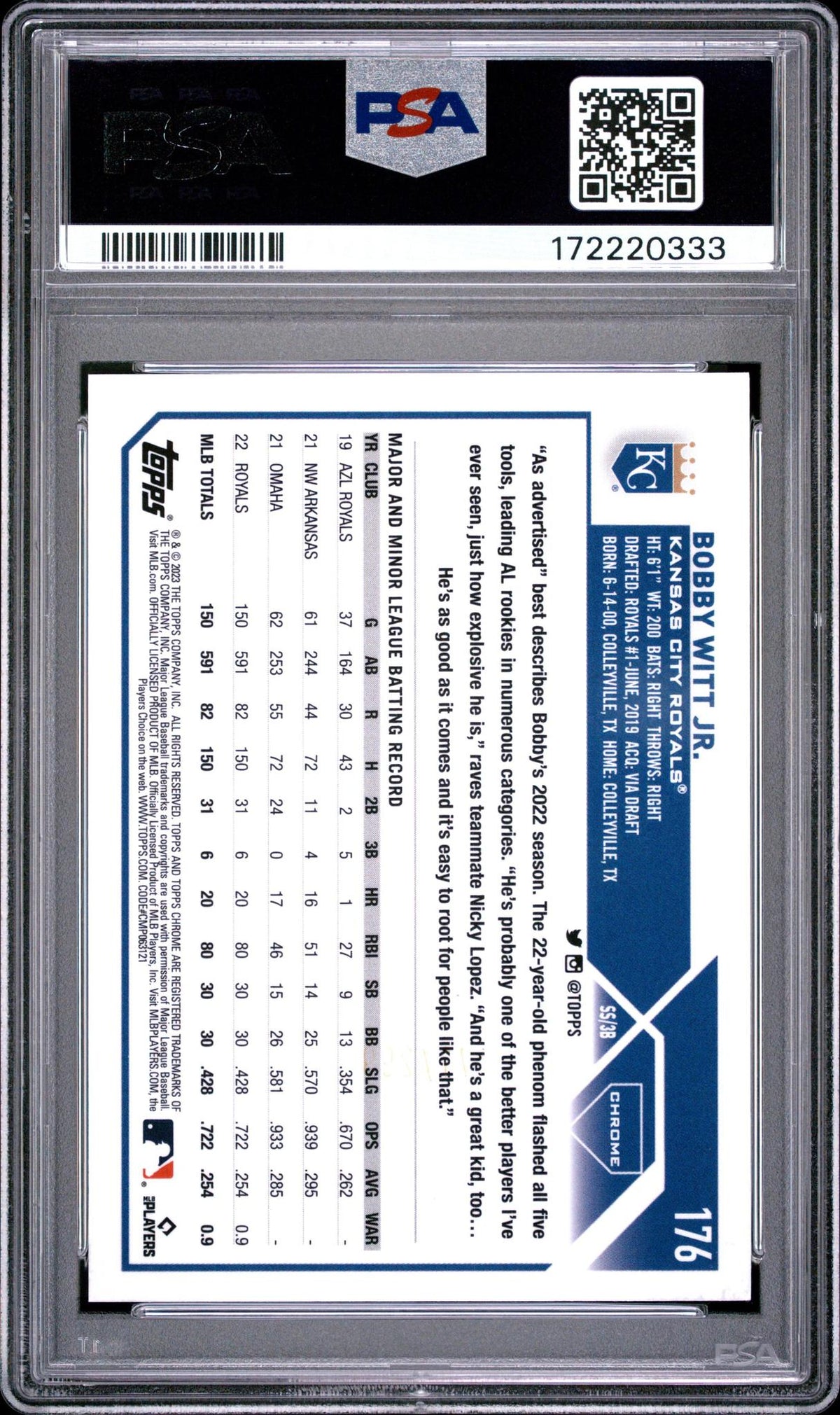 2023 TOPPS CHROME 176 BOBBY WITT JR. PURPLE SPECKLE REFRACTOR PSA 10