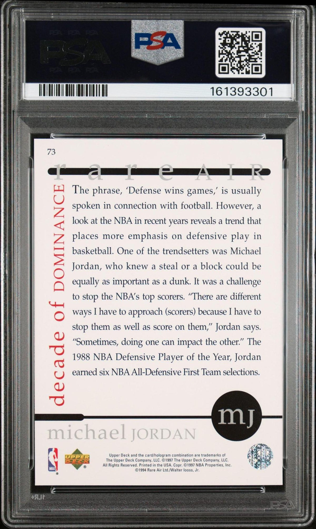 1997 UPPER DECK MJ RARE AIR 73 MICHAEL JORDAN PSA 10