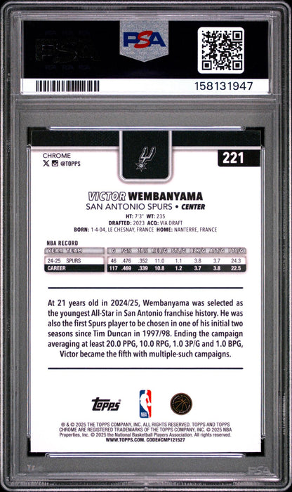 2025 TOPPS CHROME 221 VICTOR WEMBANYAMA X-FRACTOR PSA 10
