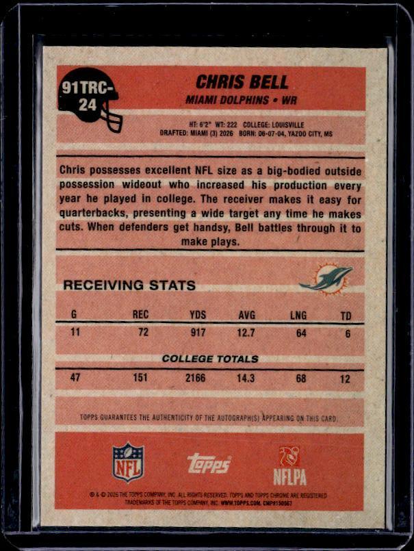 2026 Topps Flagship #91TRC-24 Chris Bell 1991 Topps Football Chrome Gold #/50 Auto