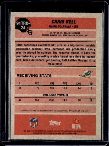 2026 Topps Flagship #91TRC-24 Chris Bell 1991 Topps Football Chrome Gold #/50 Auto