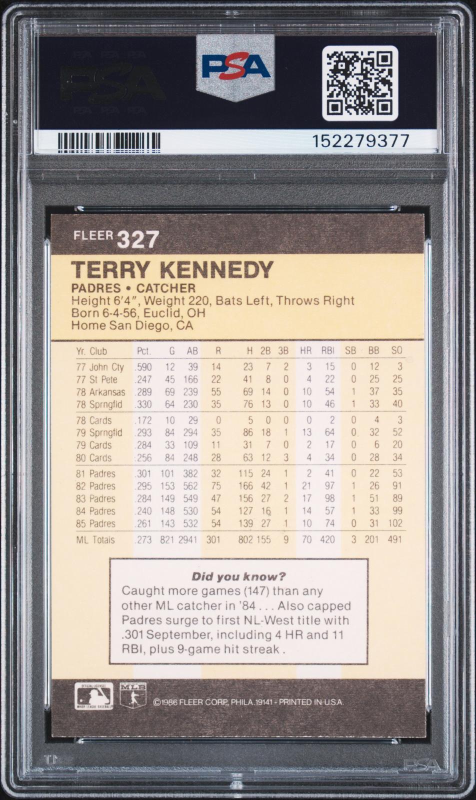 1986 Fleer #327 Terry Kennedy PSA Authentic