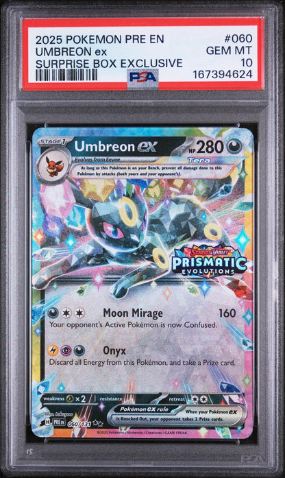 2025 POKEMON PRE EN-PRISMATIC EVOLUTIONS 060 UMBREON EX SURPRISE BOX EXCLUSIVE PSA 10