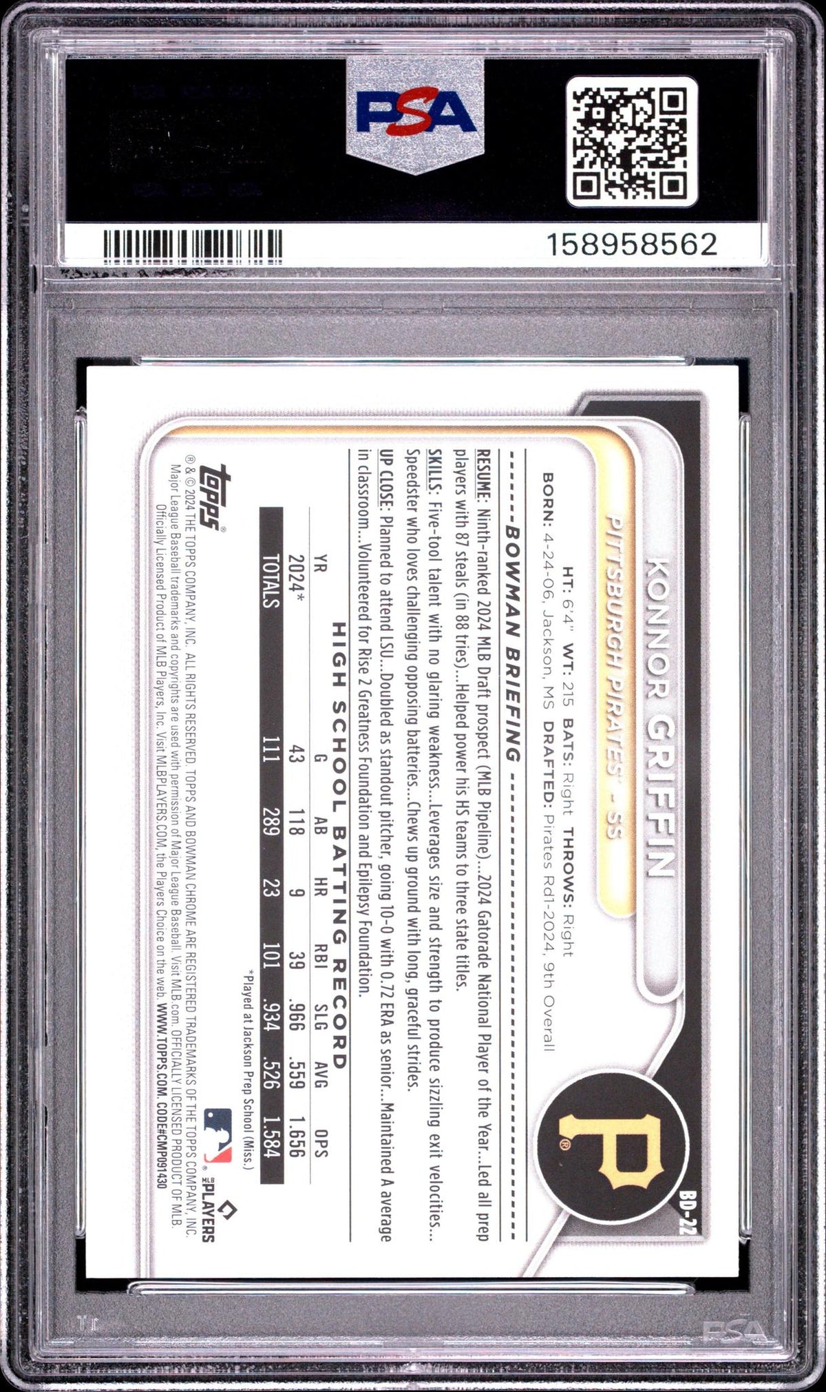 2024 BOWMAN DRAFT BD22 KONNOR GRIFFIN PSA 10