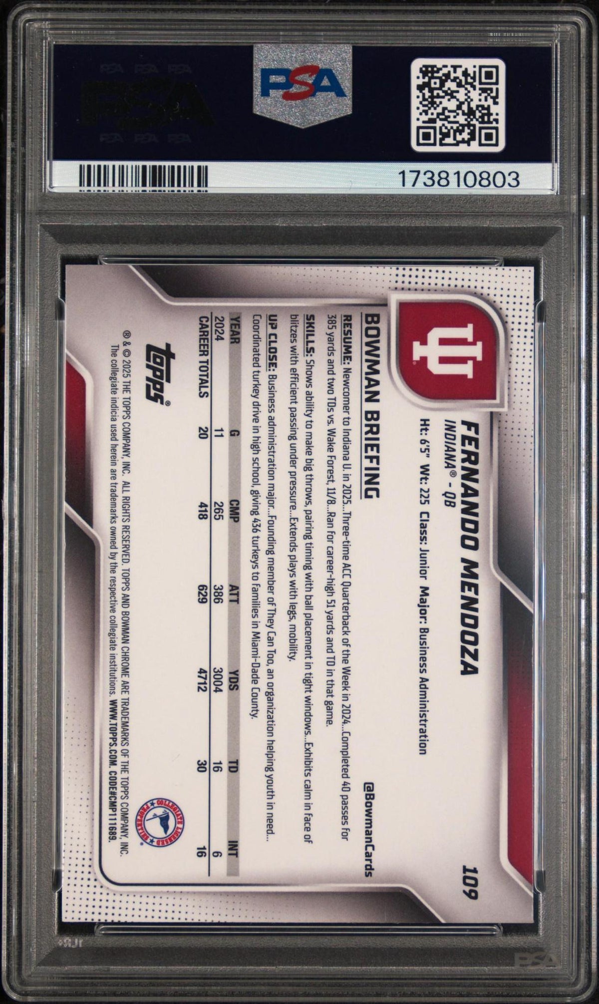 2025 BOWMAN UNIVERSITY CHROME 109 FERNANDO MENDOZA PINK LAVA PSA 10