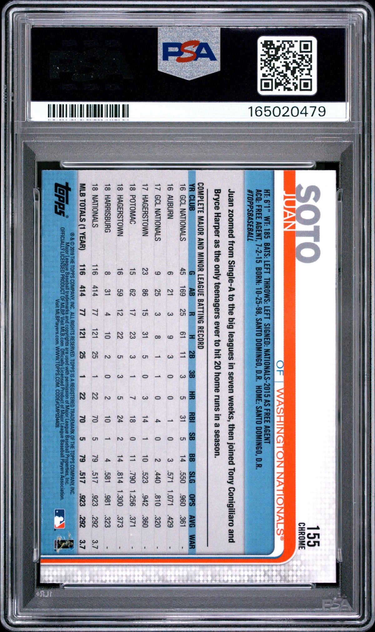 2019 TOPPS CHROME 155 JUAN SOTO VARIATION-REFRACTOR PSA 10
