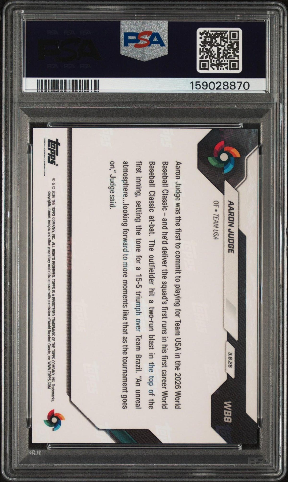 2026 TOPPS NOW WORLD BASEBALL CLASSIC WB8 - AARON JUDGE PSA 10