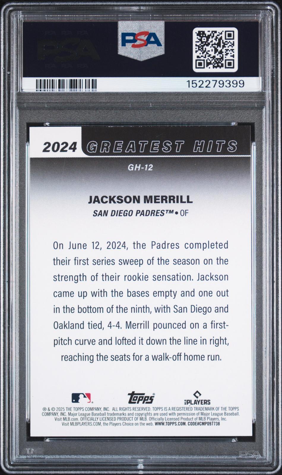 2025 Topps 2024 Greatest Hits #GH12 Jackson Merrill PSA Authentic
