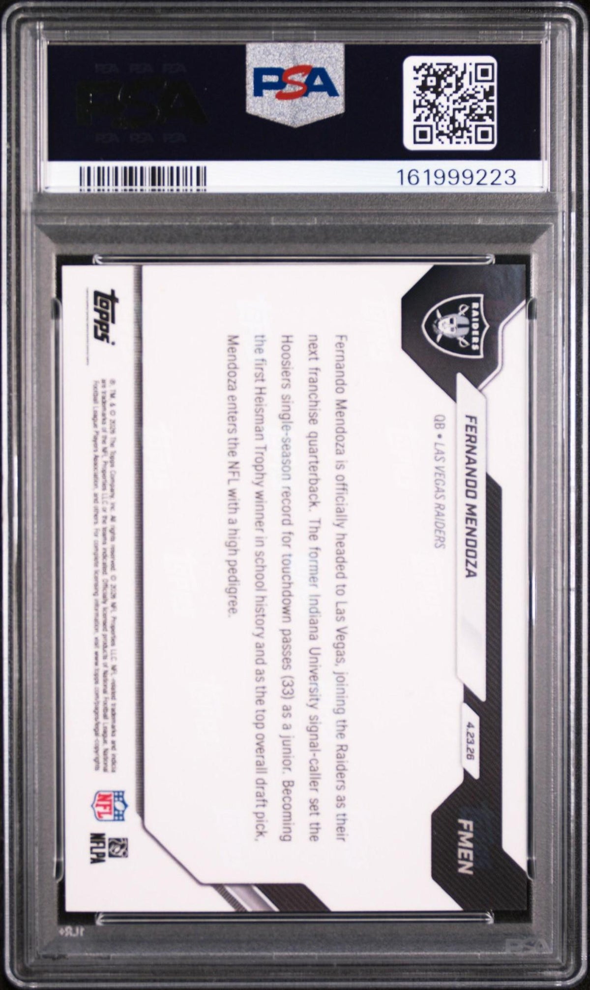 2026 TOPPS NOW FMEN : FERNANDO MENDOZA PSA 10