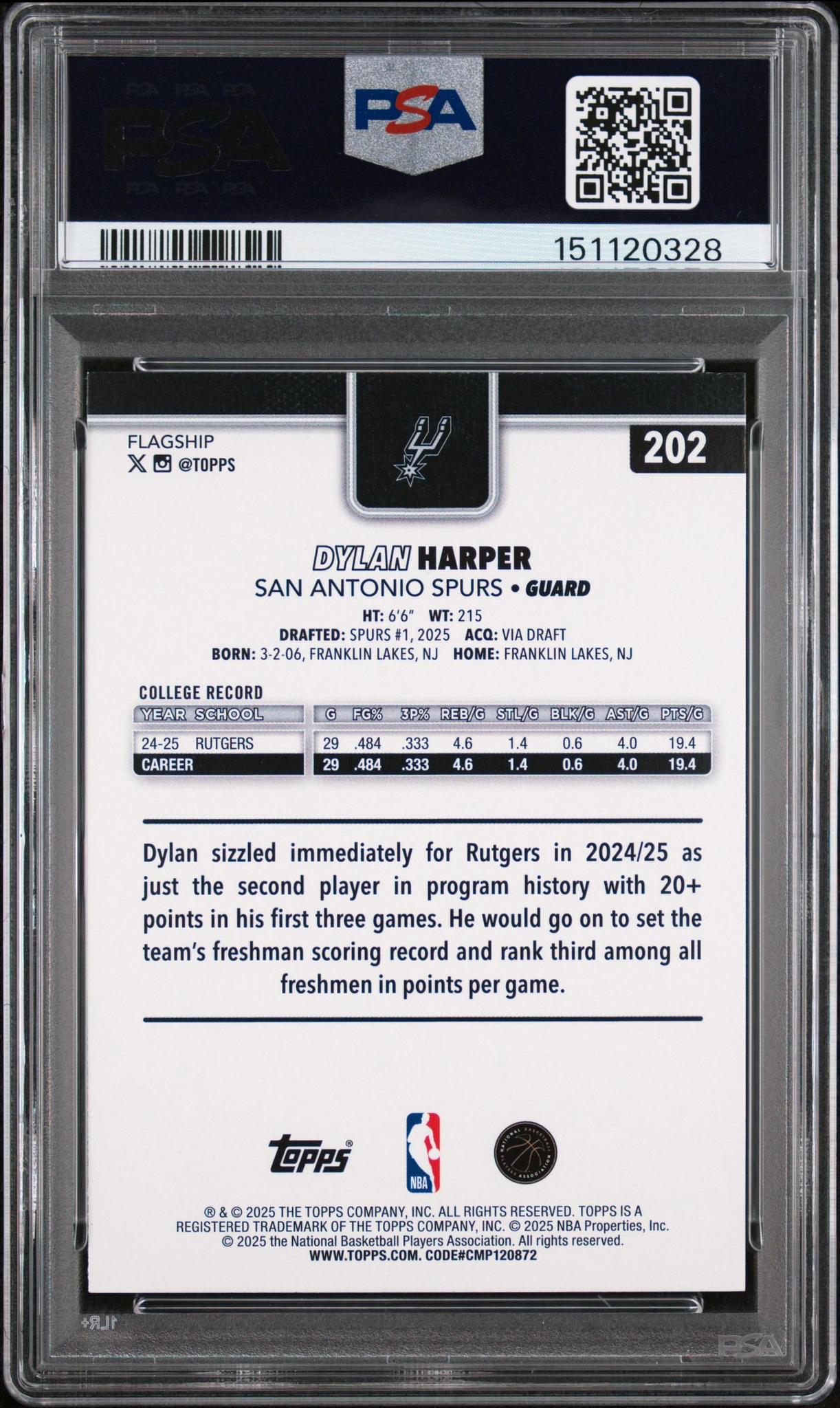 2025 Topps Dylan Harper #202 Topps Foil PSA 10