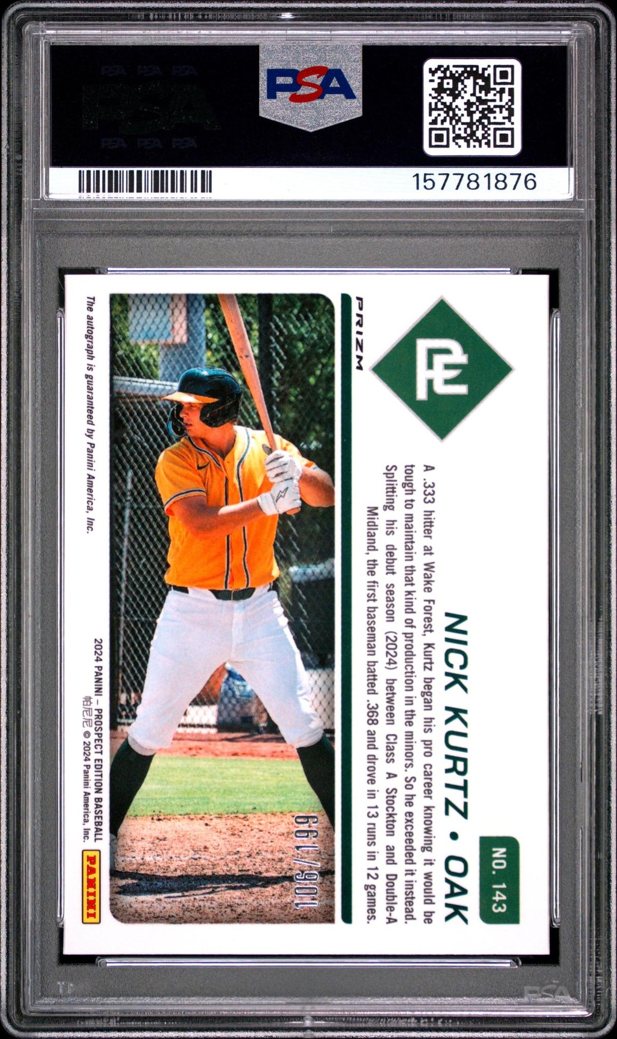 2024 PANINI PROSPECT EDITION PROSPECT TICKET 143 NICK KURTZ SIGNATURE-RED PSA 10