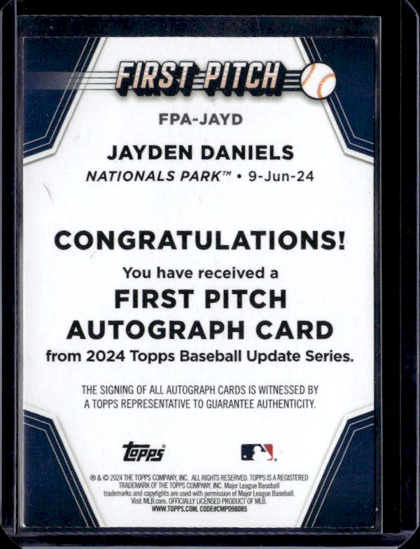 2024 Topps Update Jayden Daniels #FPA-JAYD First Pitch Auto /99