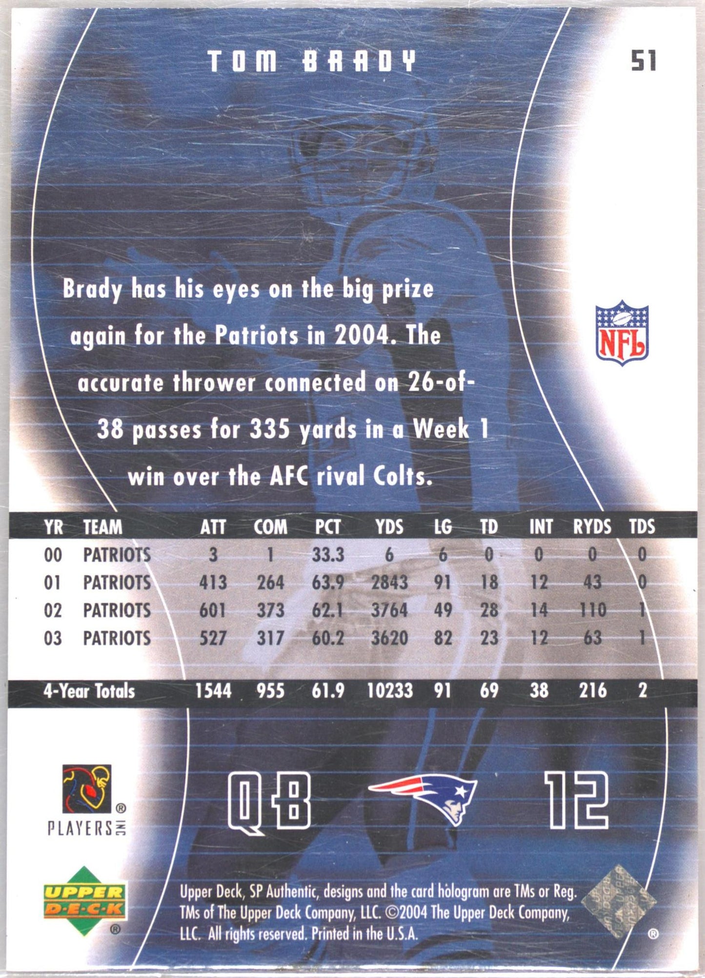 2004 SP Authentic 51 Tom Brady PSA 10