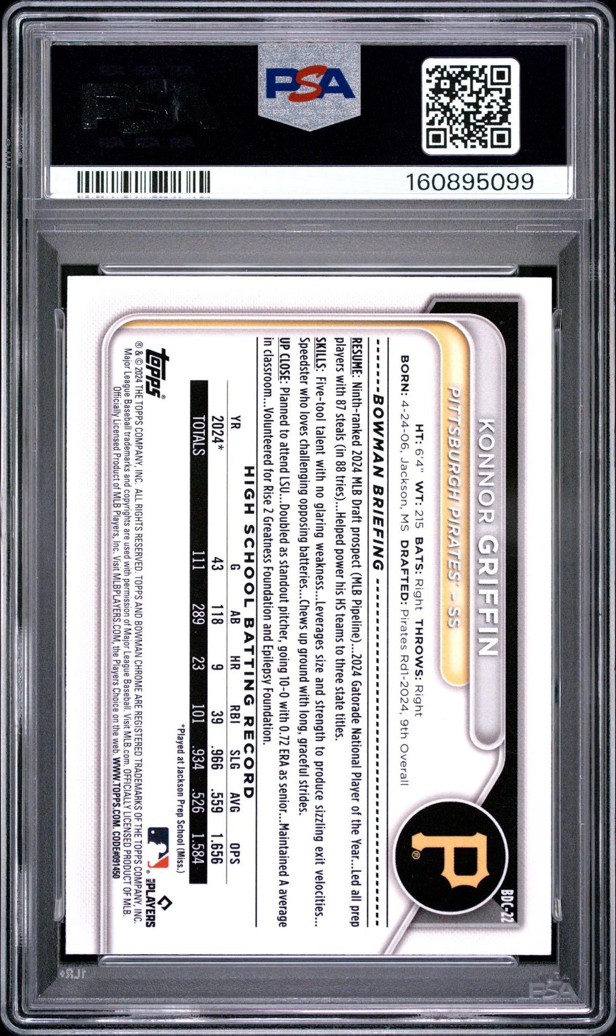 2024 BOWMAN DRAFT BDC22 KONNOR GRIFFIN CHROME PSA 10