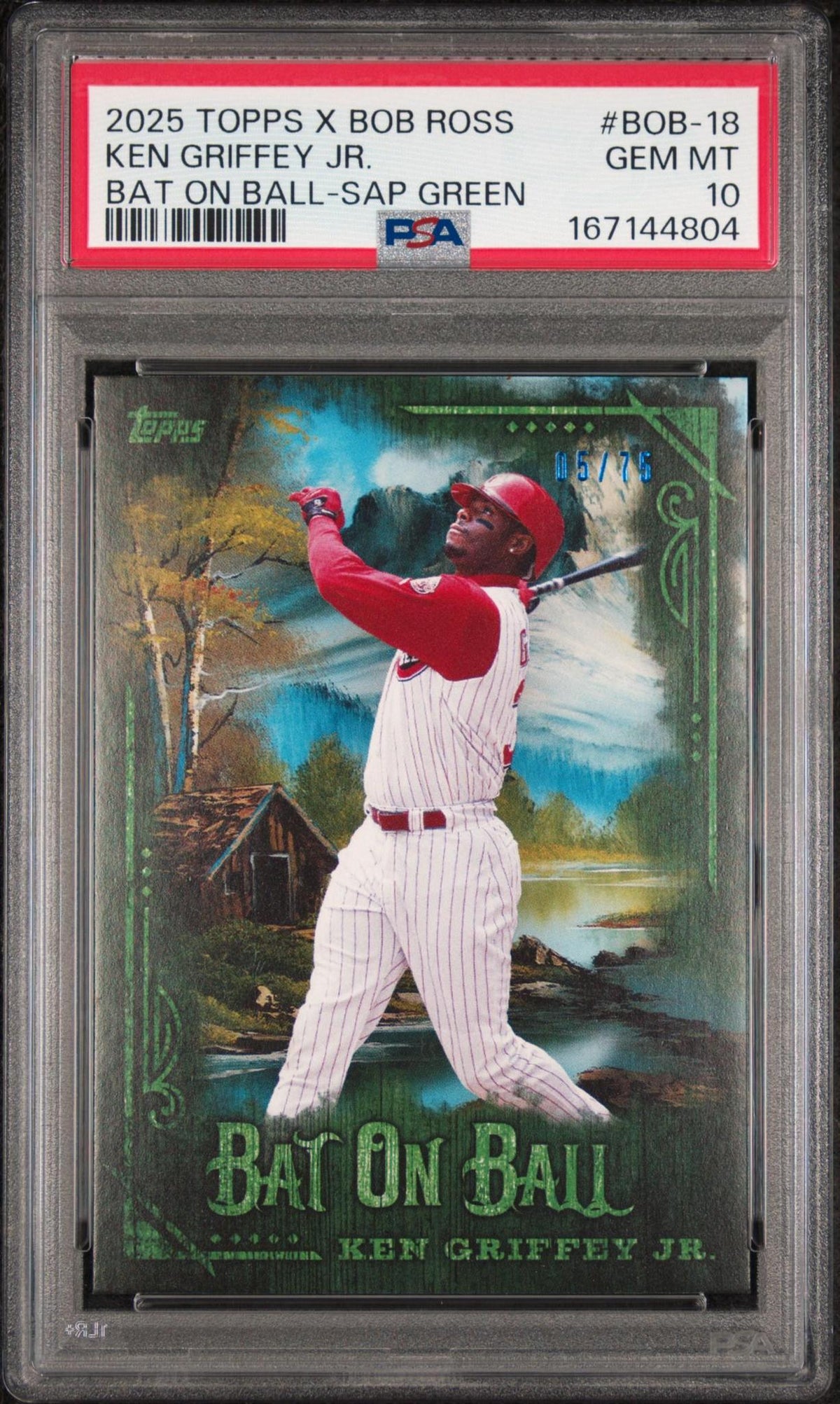 2025 TOPPS X BOB ROSS THE JOY OF BASEBALL BAT ON BALL BOB-18 KEN GRIFFEY JR. SAP GREEN PSA 10