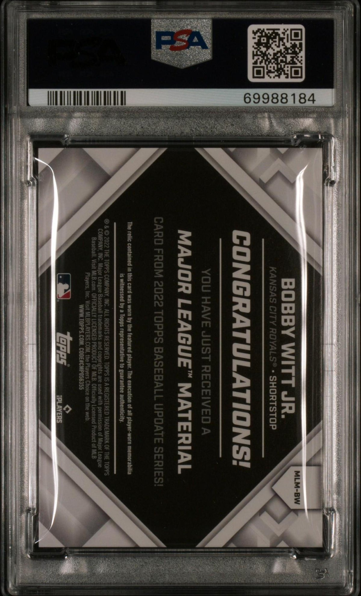 2022 TOPPS UPDATE MAJOR LEAGUE MATERIAL RELICS MLMBW BOBBY WITT JR. PSA 10