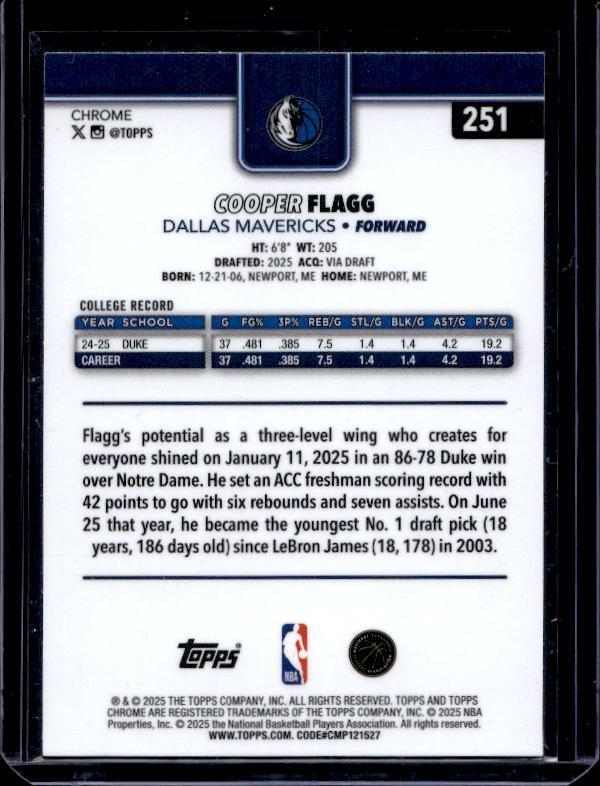 2025-26 Topps Chrome #251 Cooper Flagg Refractor