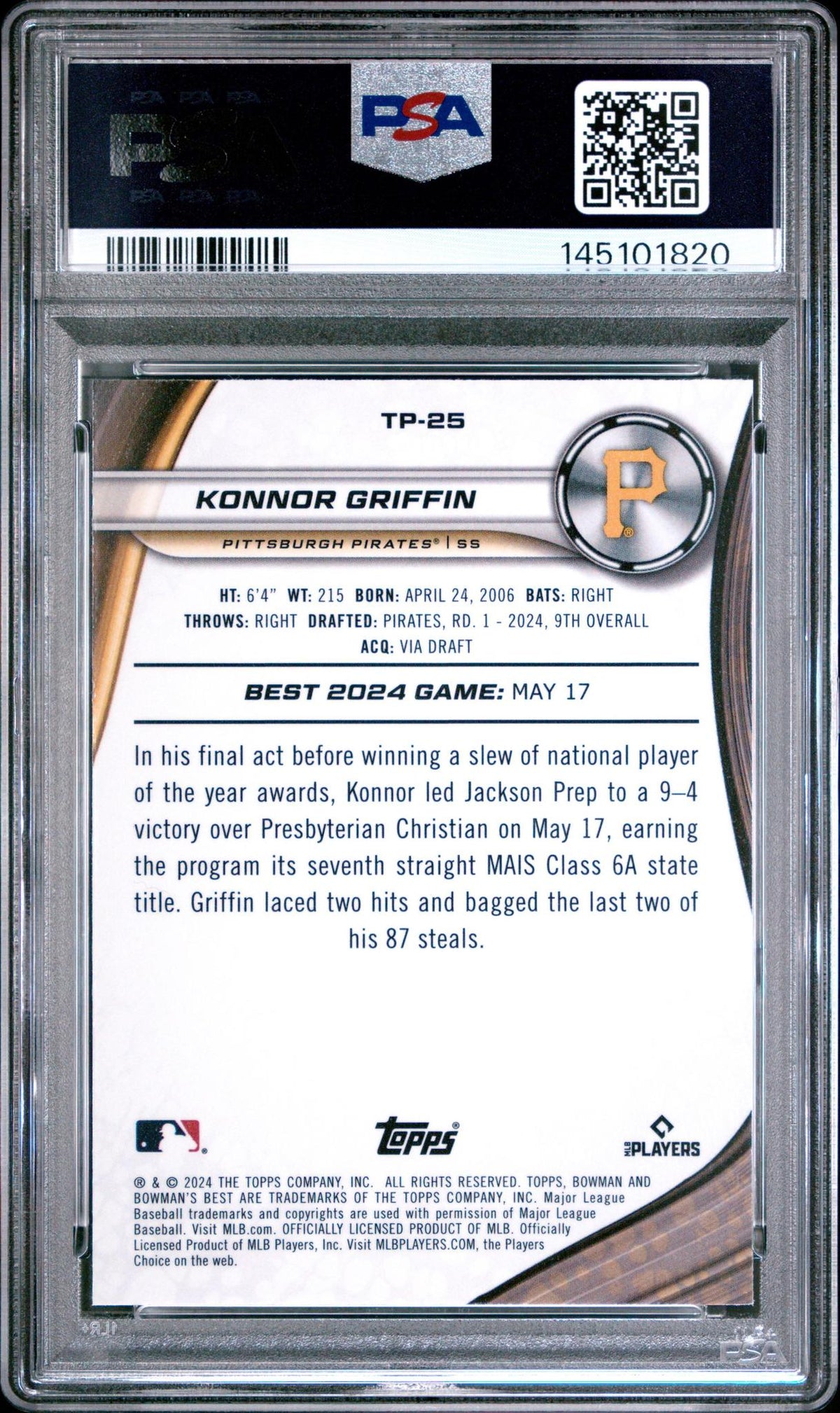 2024 BOWMAN'S BEST TOP PROSPECTS TP25 KONNOR GRIFFIN WAVE PSA 10