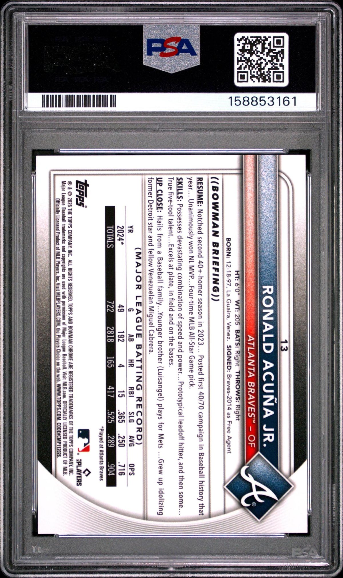 2025 BOWMAN CHROME SAPPHIRE EDITION 13 RONALD ACUNA JR. ORANGE PSA 10