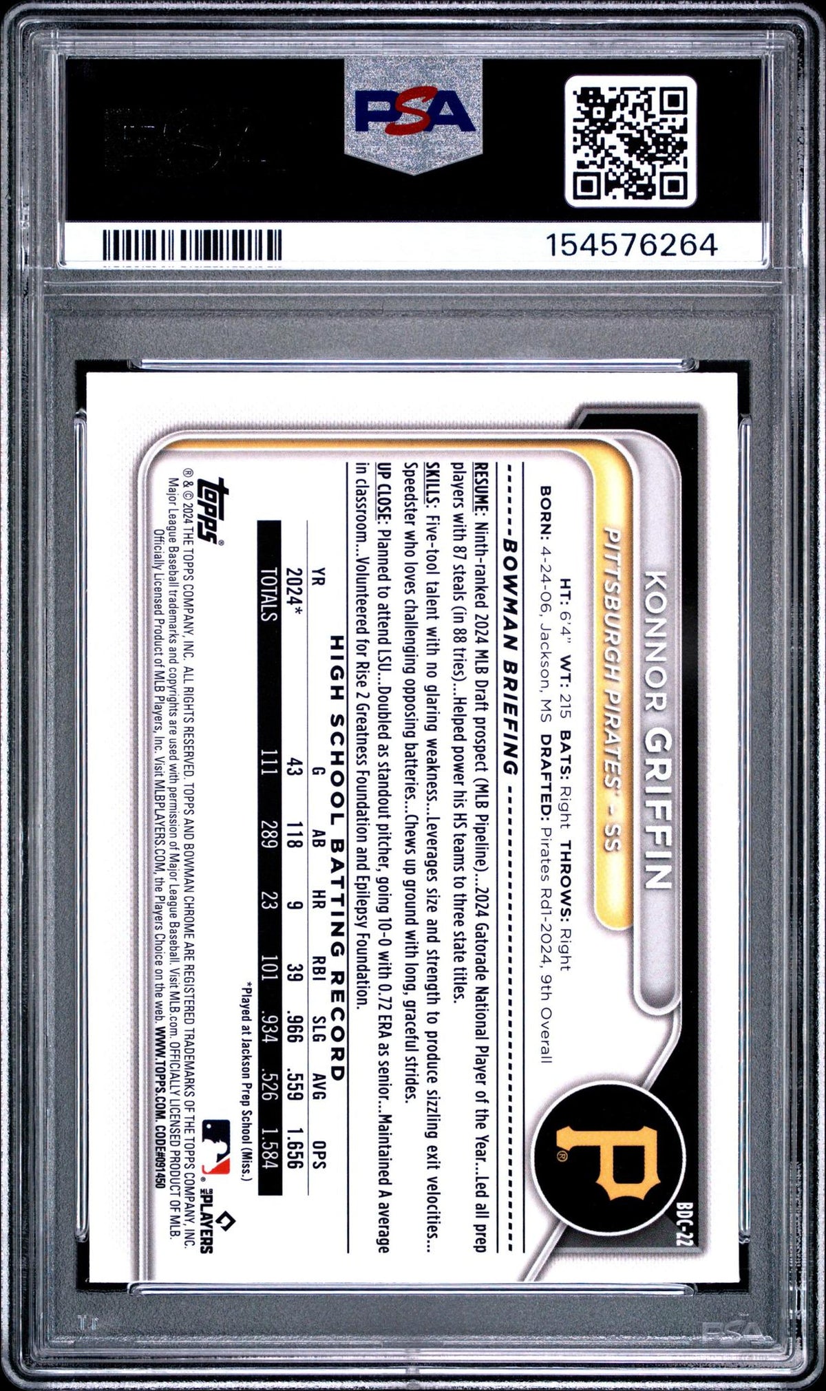2024 BOWMAN DRAFT #BDC22 KONNOR GRIFFIN CHROME PSA 10