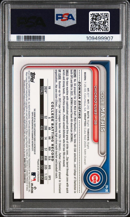 2024 Bowman Draft #CPA-CMS Cole Mathis Chrome Prospect Autographs PSA 10