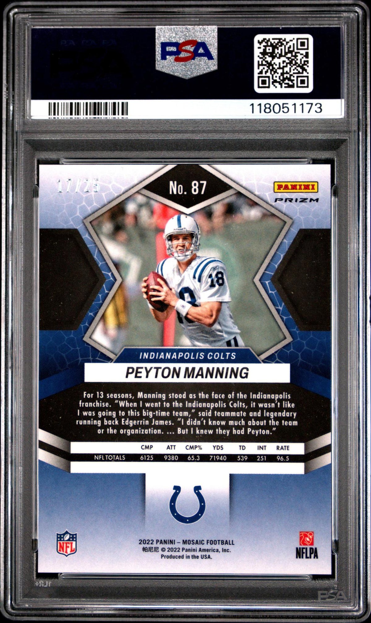 2022 Mosaic Peyton Manning #87 Orange Fluorescent /25 PSA 10