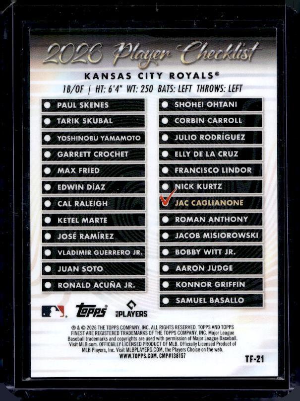 2026 Finest #TF-21 Jac Caglianone Topps Team Finest Gold Refractors #/50