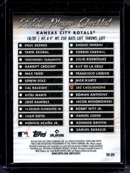 2026 Finest #TF-21 Jac Caglianone Topps Team Finest Gold Refractors #/50