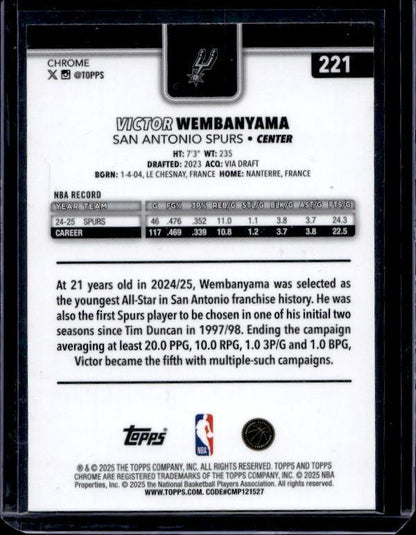 2025-26 Topps Chrome #221 Victor Wembanyama Magenta Refractor #/399