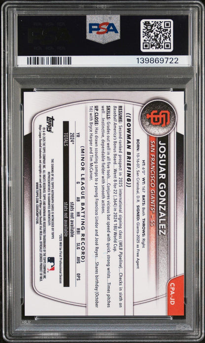 2025 Bowman Chrome Josaur Gonzalez #CPA-JD Autograph PSA 10