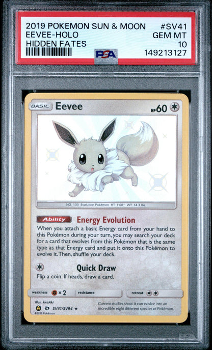 2019 Pokemon Sun & Moon Hidden Fates SV41 Eevee-holo PSA 10