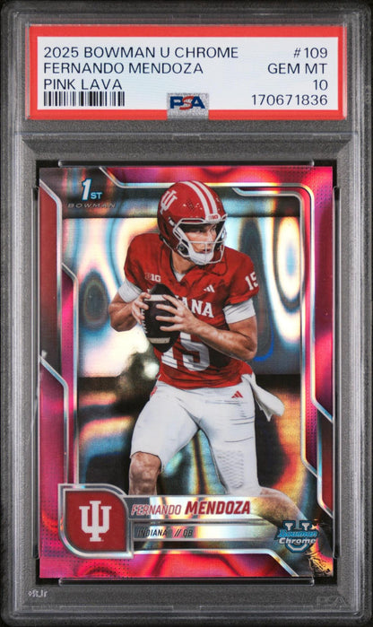 2025 BOWMAN UNIVERSITY CHROME #109 FERNANDO MENDOZA PINK LAVA PSA 10
