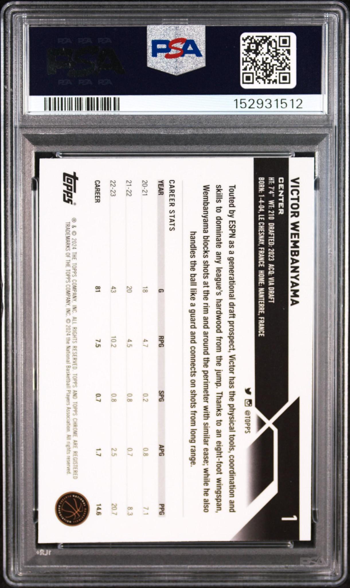 2023 TOPPS CHROME 1 VICTOR WEMBANYAMA PSA 10