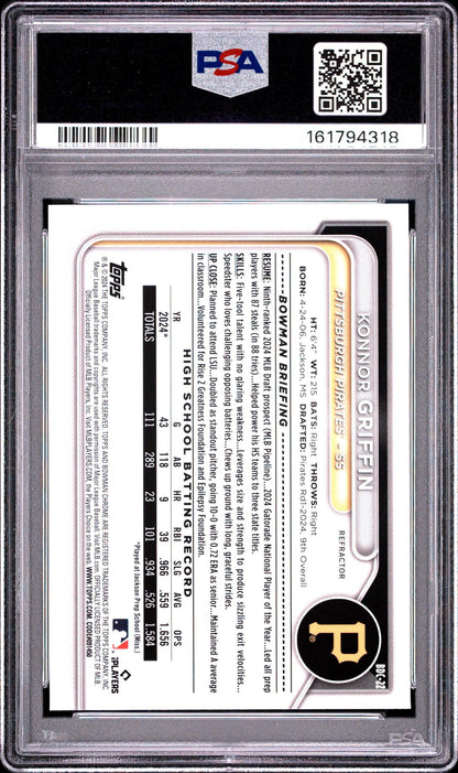 2024 BOWMAN DRAFT BDC22 KONNOR GRIFFIN CHROME-REFRACTOR PSA 10