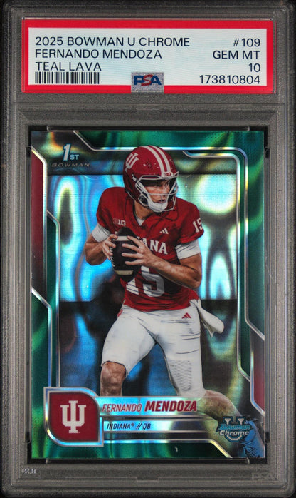 2025 BOWMAN UNIVERSITY CHROME #109 FERNANDO MENDOZA TEAL LAVA PSA 10
