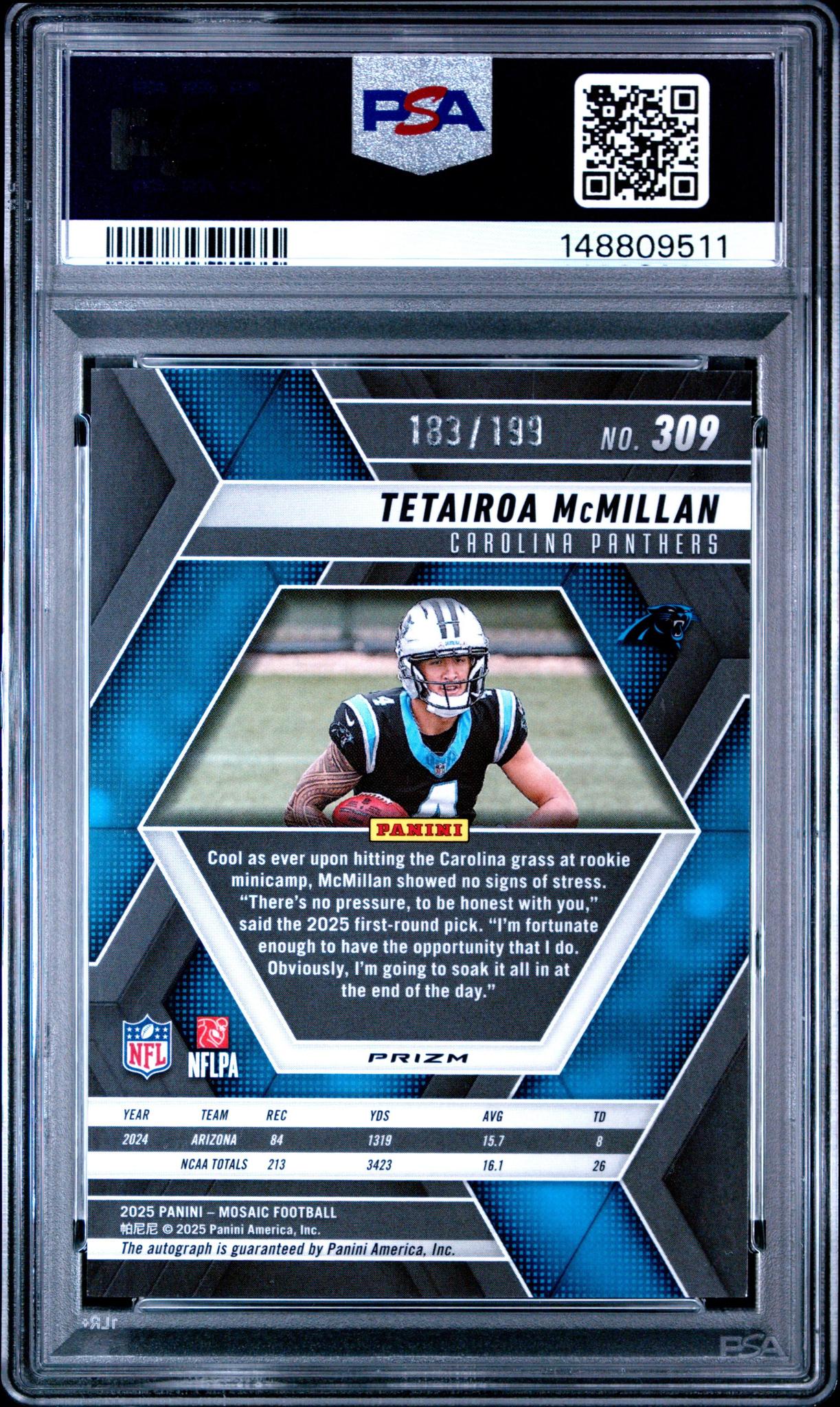 2025 Mosaic Tetairoa McMillan #309 Rookie Autograph Red /199 PSA 10